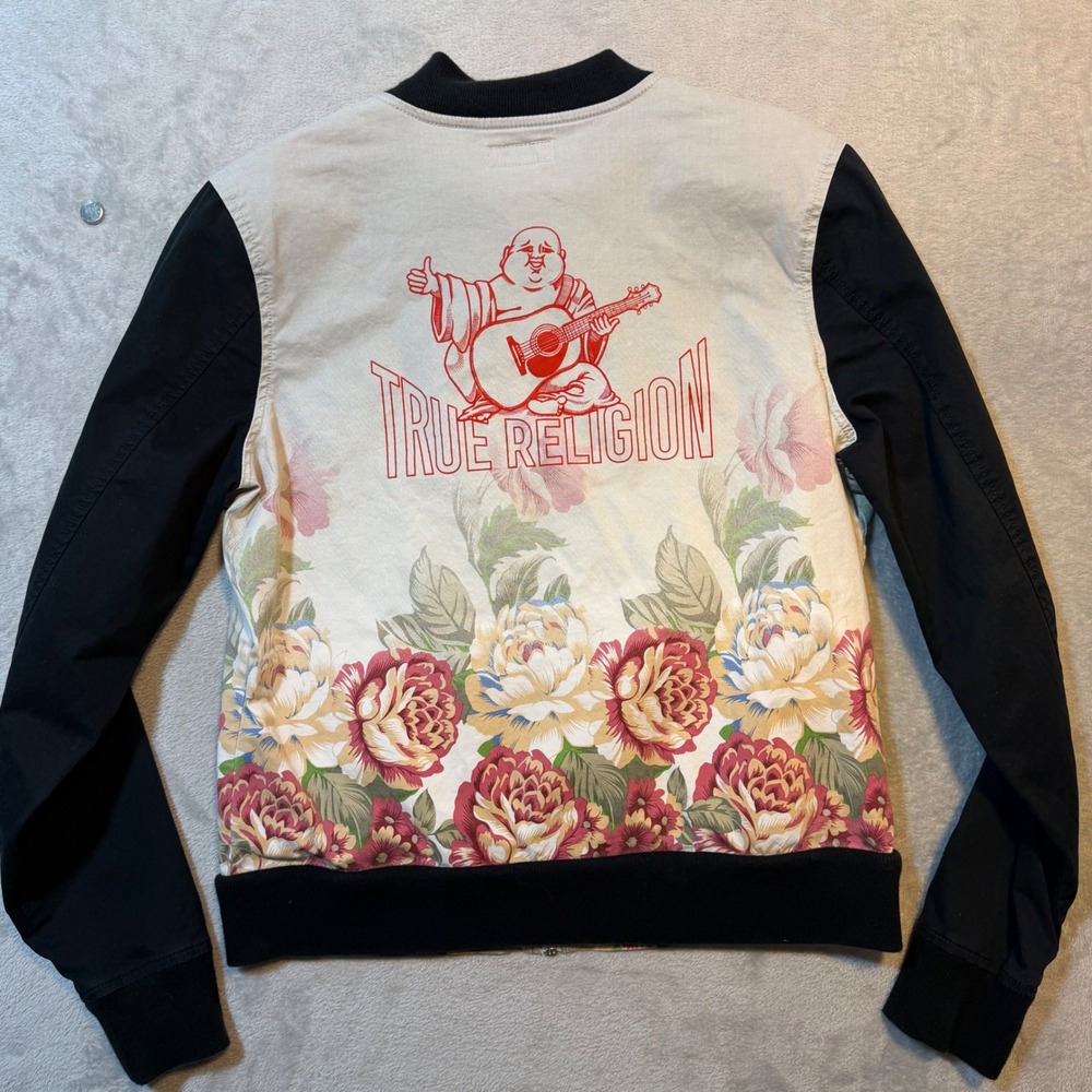True Religion Womens Floral Buddha Graphic Bomber Jacket Cream Black Size L - Picture 2 of 10